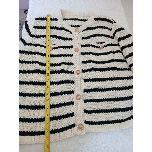 Dazy Womens Cardigan Sweater White Black Striped Size Medium Button Pockets - Picture 12 of 16